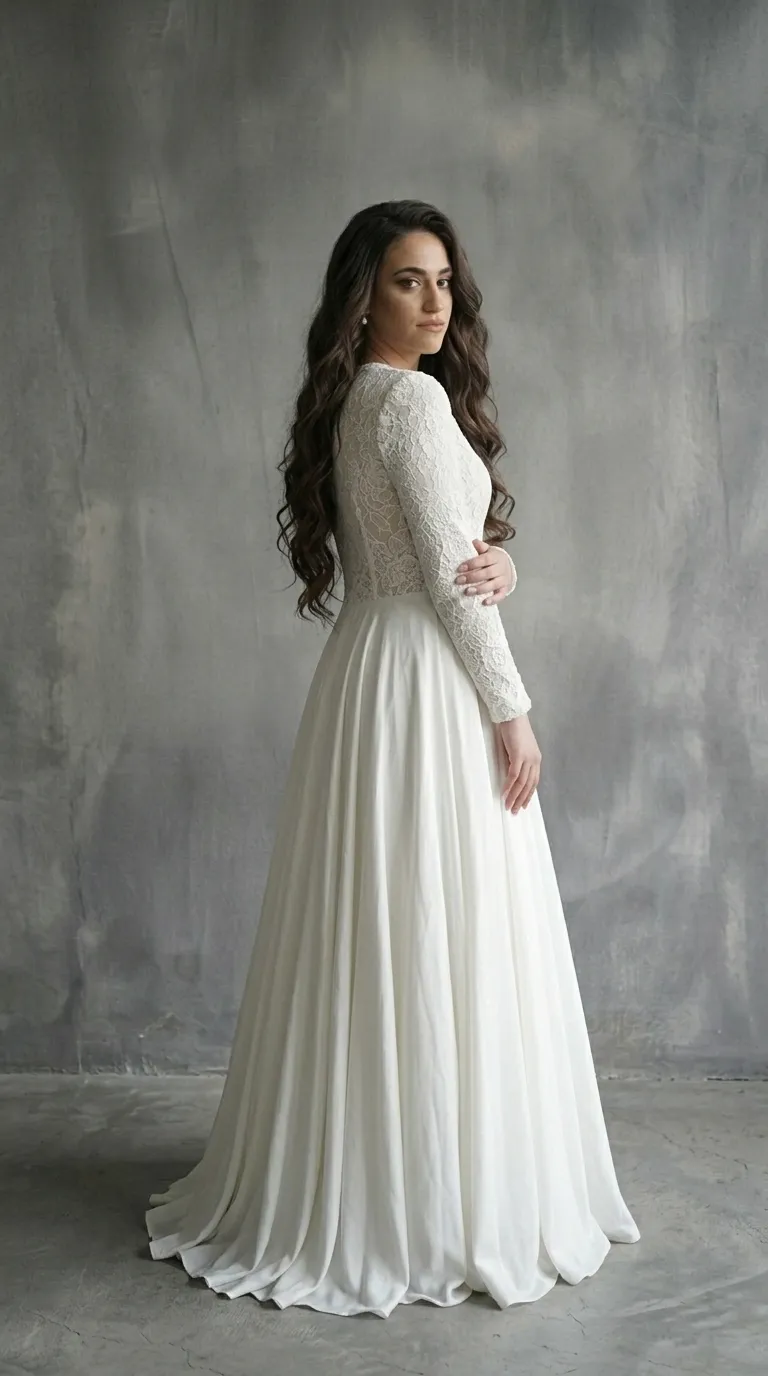A classic modest A-shape wedding dress with delicate ruffles