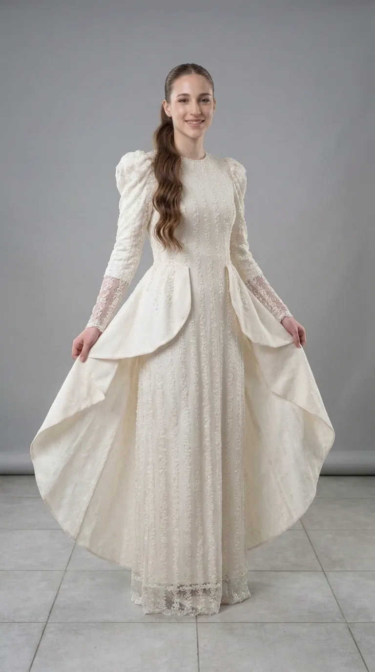 A cream-colored wedding dress with a high round neckline and long sleeves with puffed shoulders and a lace finish at the wrist. The dress is decorated throughout with lace patterns and a prominent texture in a vertical arrangement, and includes a straight skirt with a puffy top layer of fabric that opens from the waist to the sides.