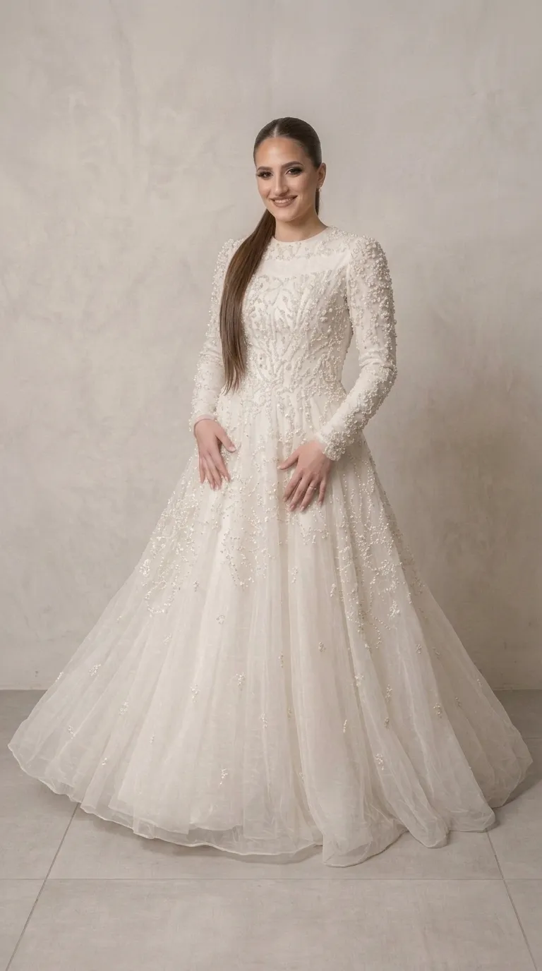 A modest wedding dress in a beaded and pageant style
