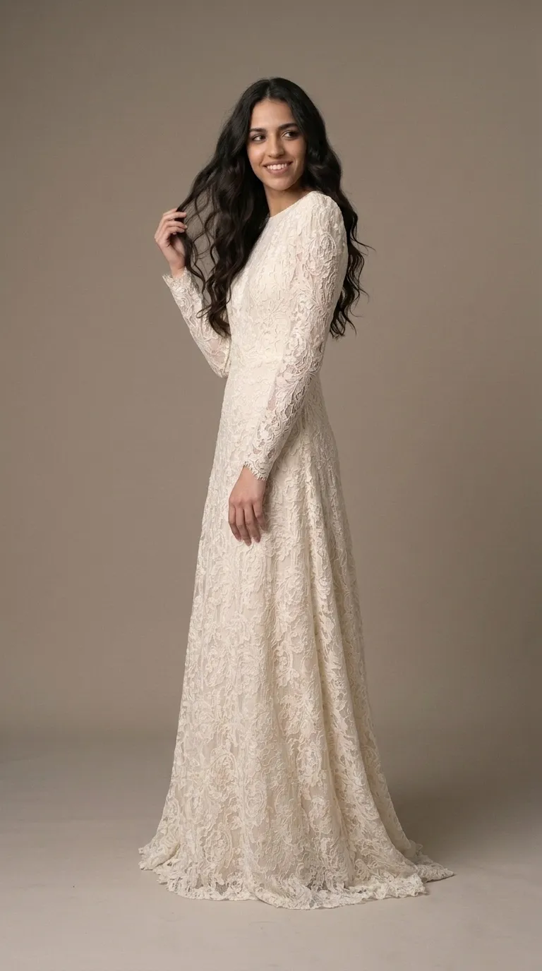 A long off-white wedding dress, made entirely of delicate and intricate floral lace fabric throughout. The dress has a classic cut with a slightly flared skirt, a closed boat neckline, and long, tight sleeves that end in delicate lace trim at the wrists.