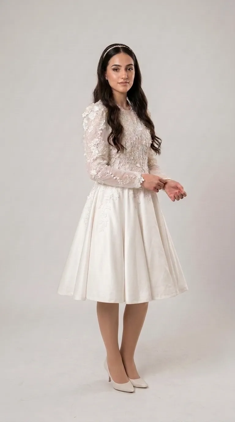 Modest three-quarter length wedding dress with lace