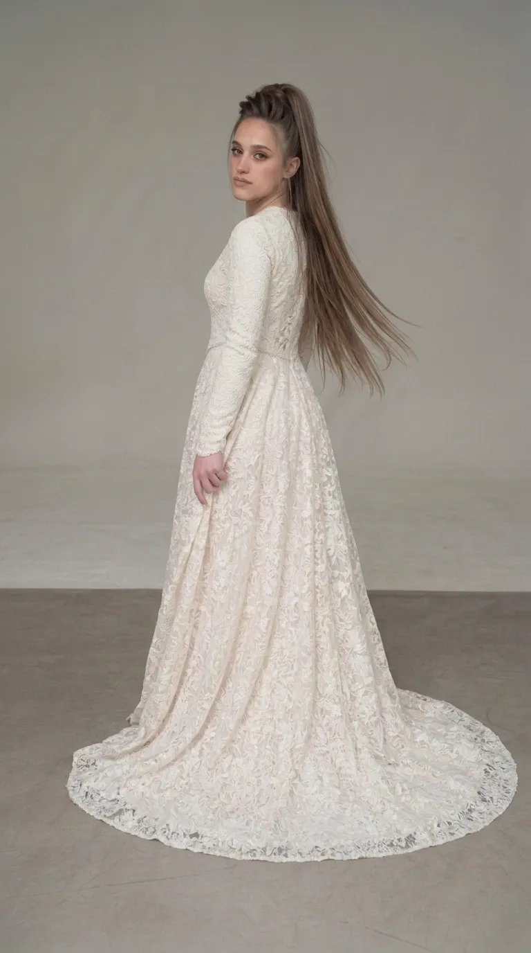 A classic modest wedding dress with an embellished pageant