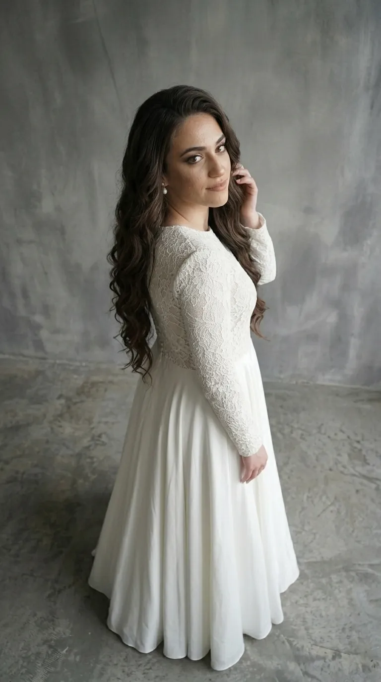 A classic modest A-shape wedding dress with delicate ruffles