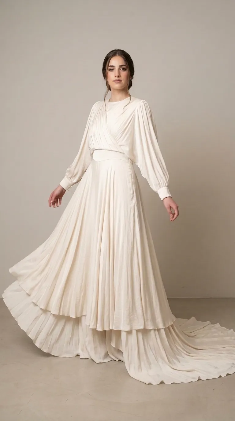 A cream-colored wedding dress made of fleece fabric, featuring a sheath-cut top with a closed collar and long, puffy bishop sleeves ending in cuffs. The dress has a wide, voluminous pleated skirt with a long train, attached at the high waist and accented with a matching fabric belt without lace or beading.