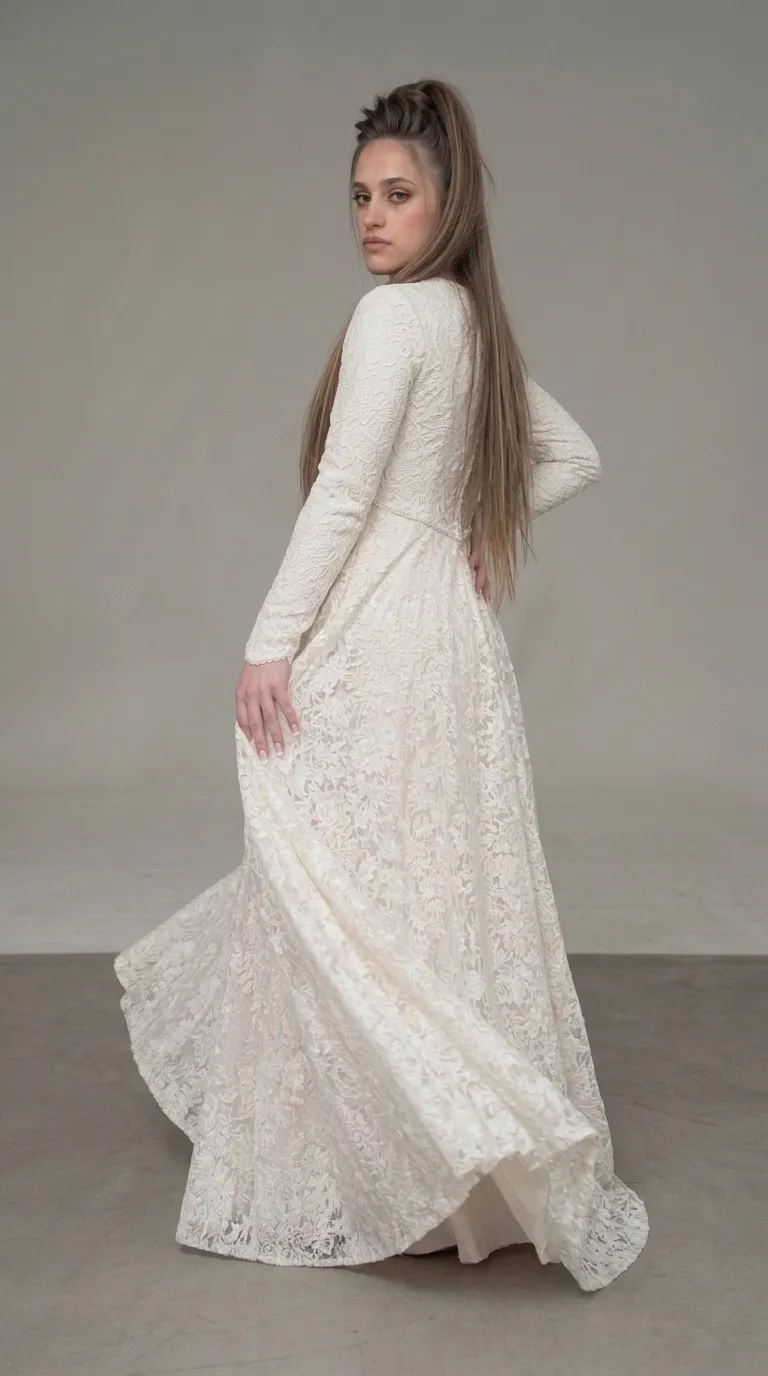 A classic modest wedding dress with an embellished pageant
