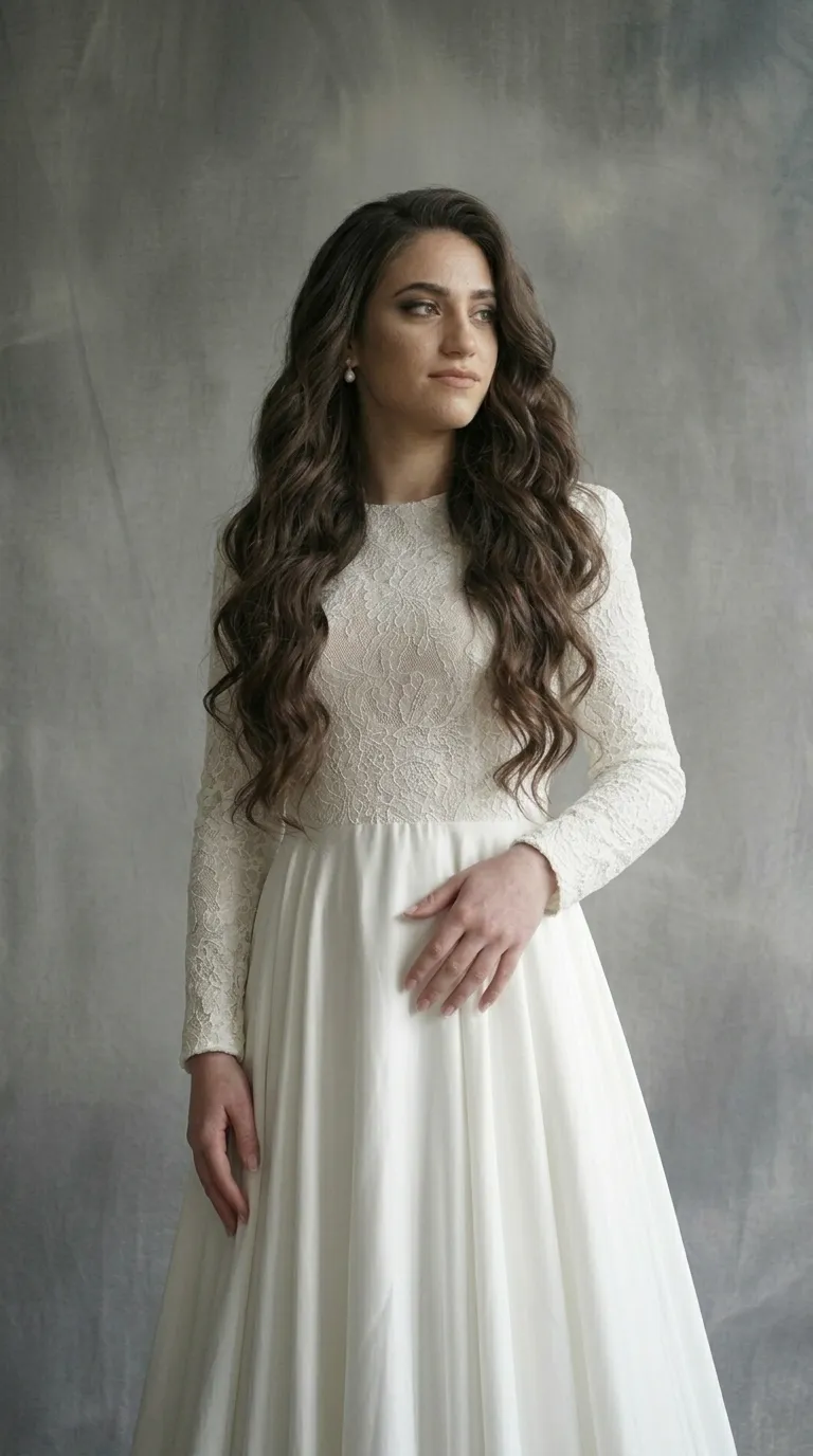 A white dress with a delicate lace top with floral patterns, a round, closed neckline, and long, tight sleeves made of the same lace. The bottom consists of a flowing A-line skirt made of smooth, airy fabric with delicate pleats starting at a defined waistline.