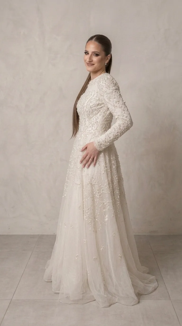 A modest wedding dress in a beaded and pageant style