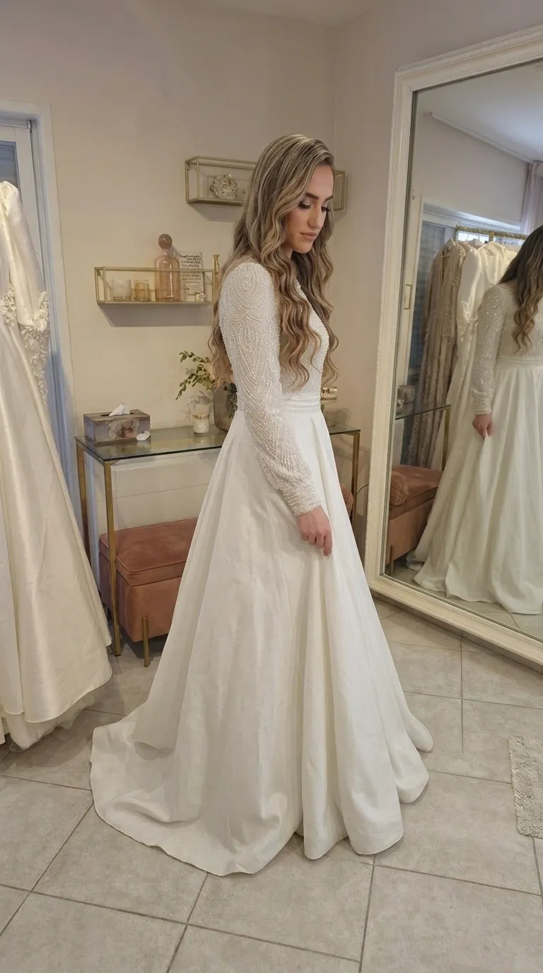 Modest wedding dress with beads and a pageant