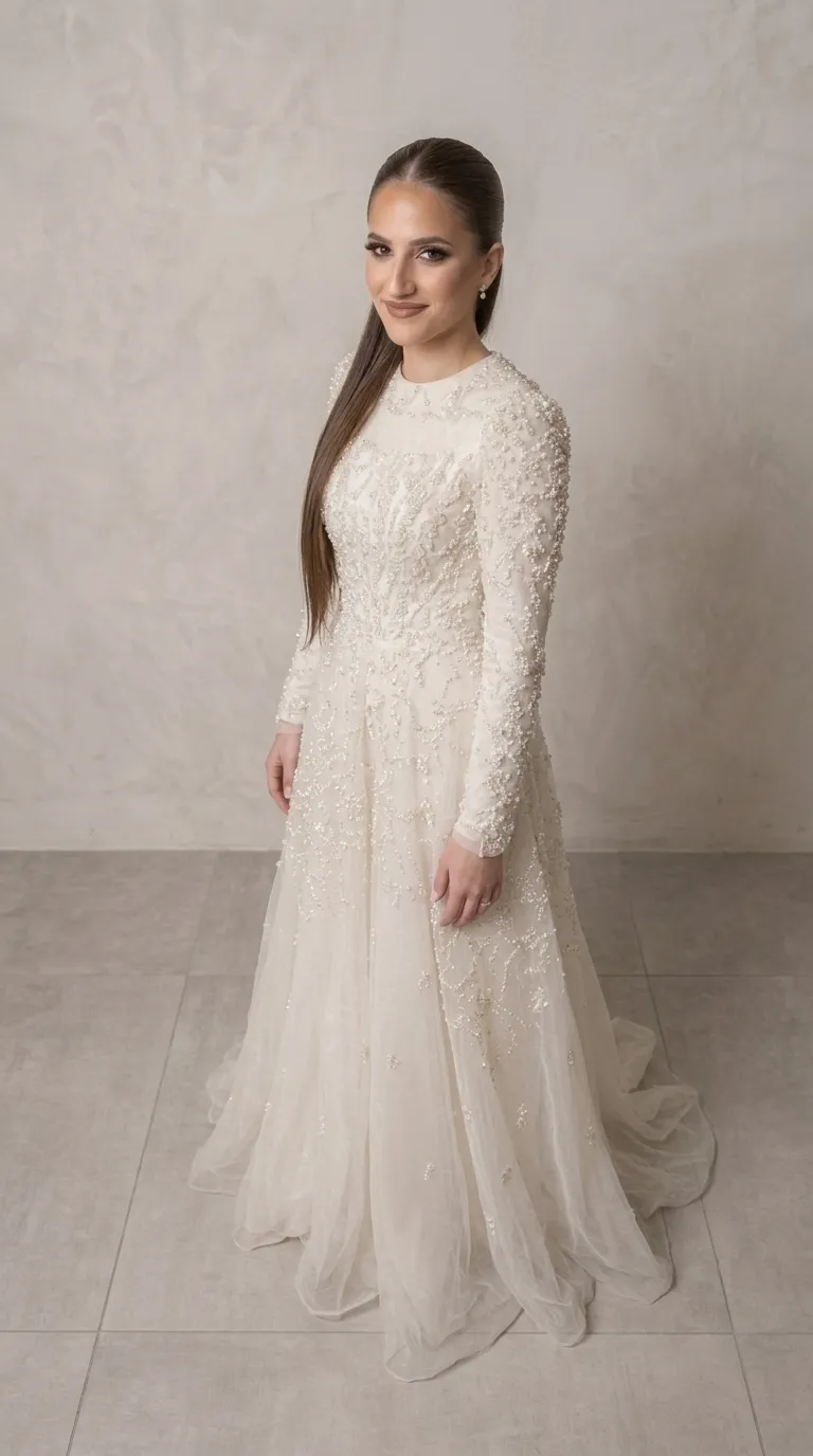 A modest wedding dress in a beaded and pageant style
