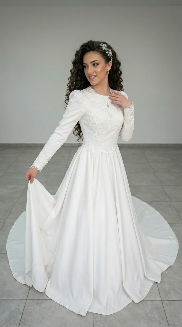 שמלת כלה לבנה בגזרת A עם חצאית חלקה ונשפכת המסתיימת בשובל ארוך, המשלבת מחוך צמוד עם צווארון עגול וסגור. השמלה כוללת שרוולים ארוכים עם עיטורי תחרה בחפתים ובכתפיים, ואפליקציות תחרה מורכבות המכסות את אזור החזה והמותן.