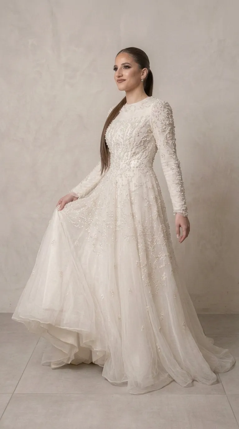 A modest wedding dress in a beaded and pageant style