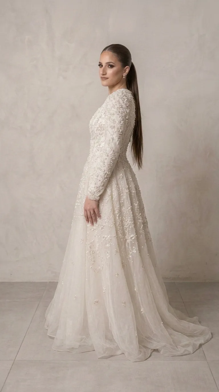 A modest wedding dress in a beaded and pageant style