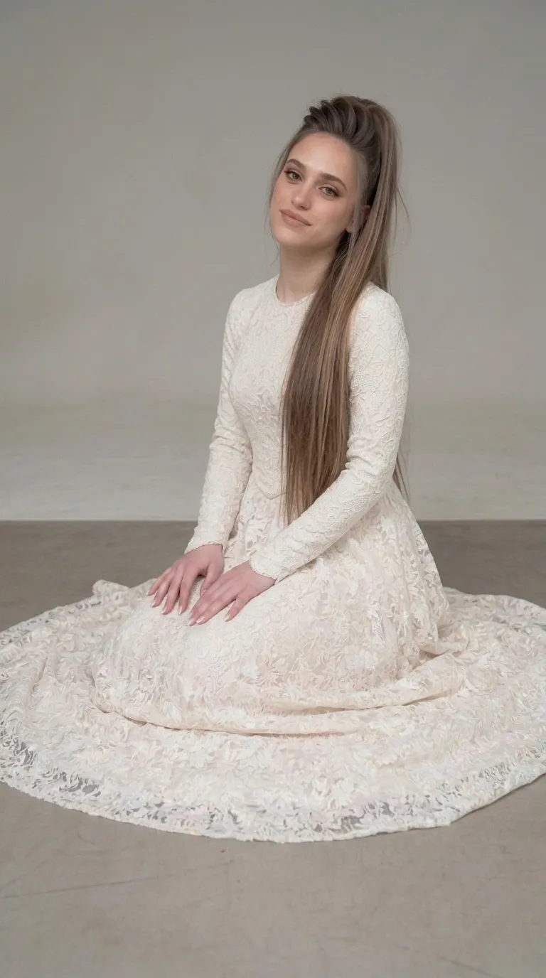 A classic modest wedding dress with an embellished pageant