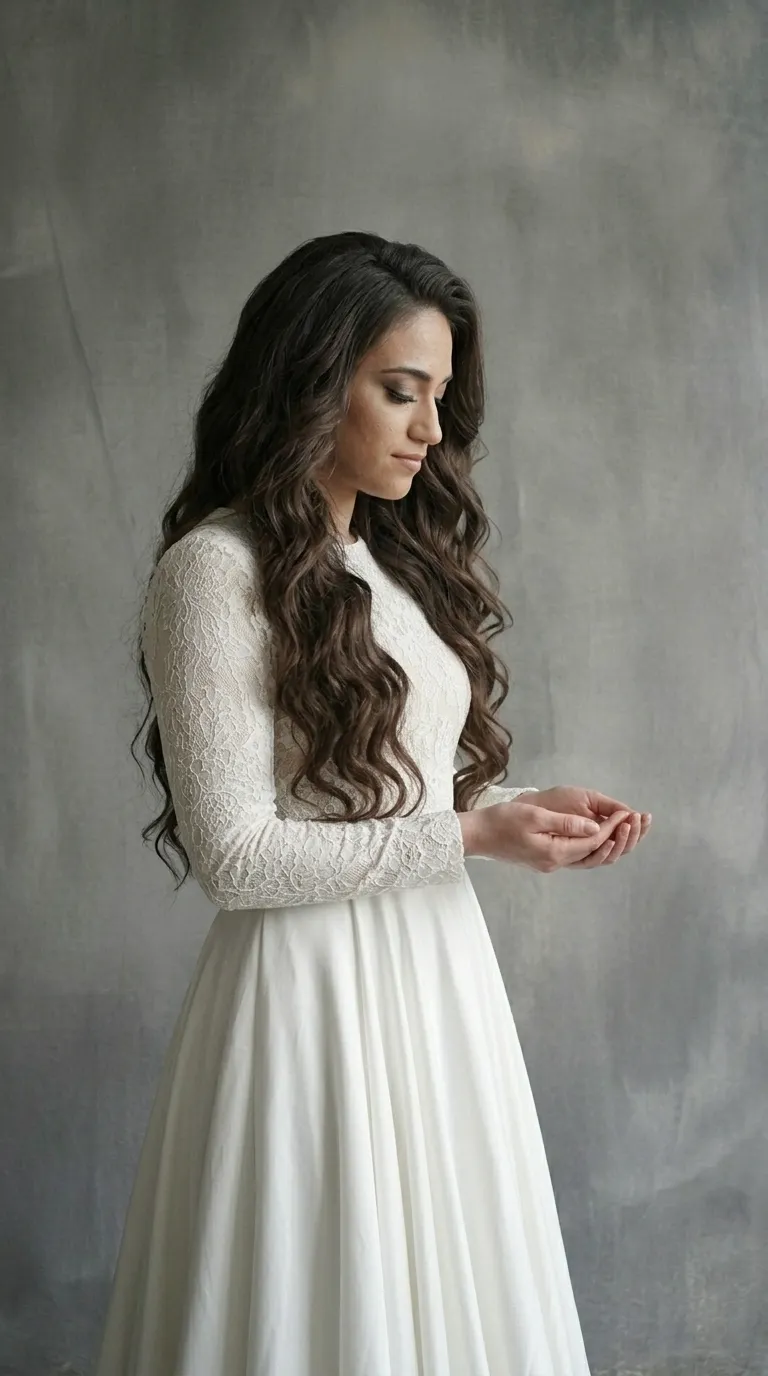 A classic modest A-shape wedding dress with delicate ruffles