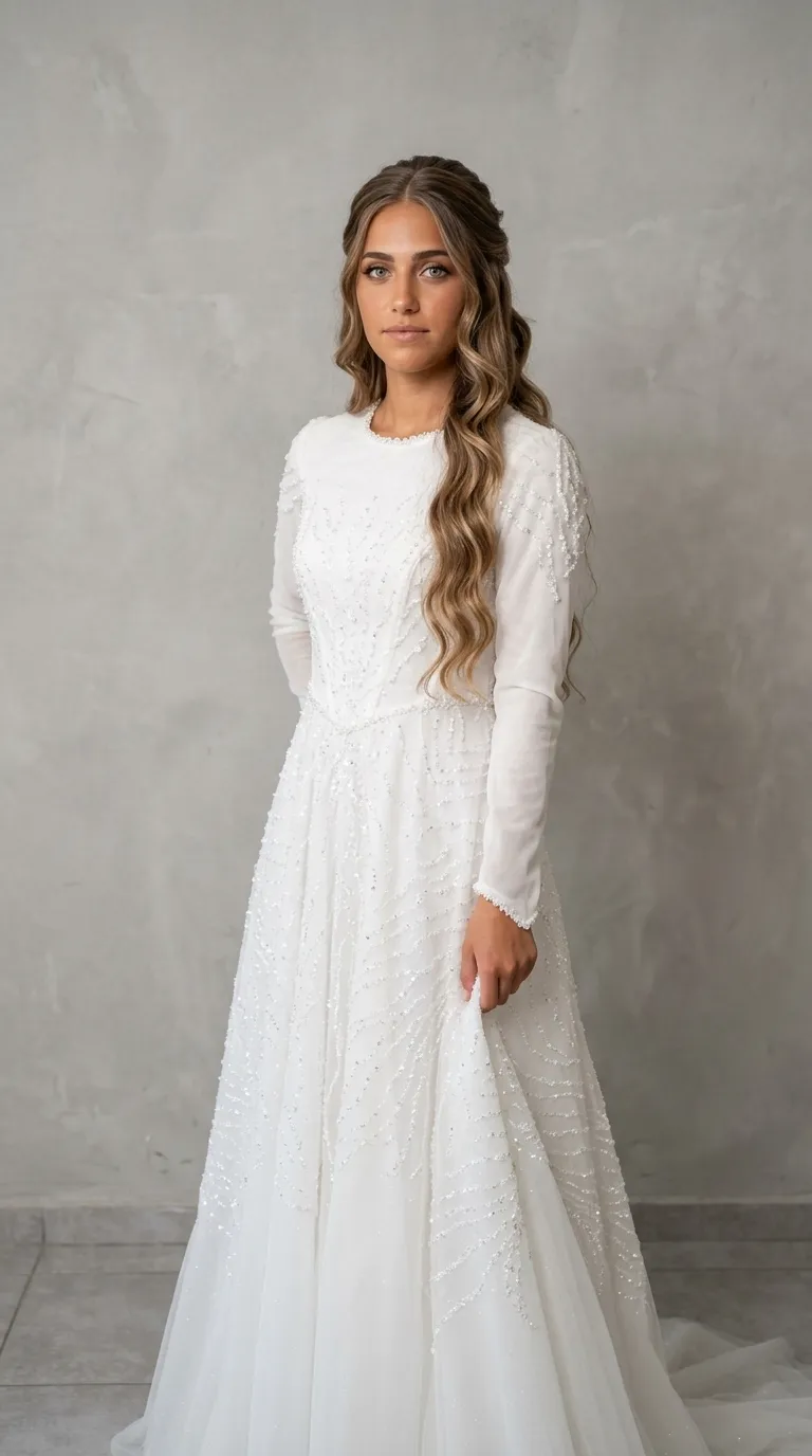A modest wedding dress sewn with a personal design from high-quality fabrics and lace and beads, long sleeves and a boat neck.