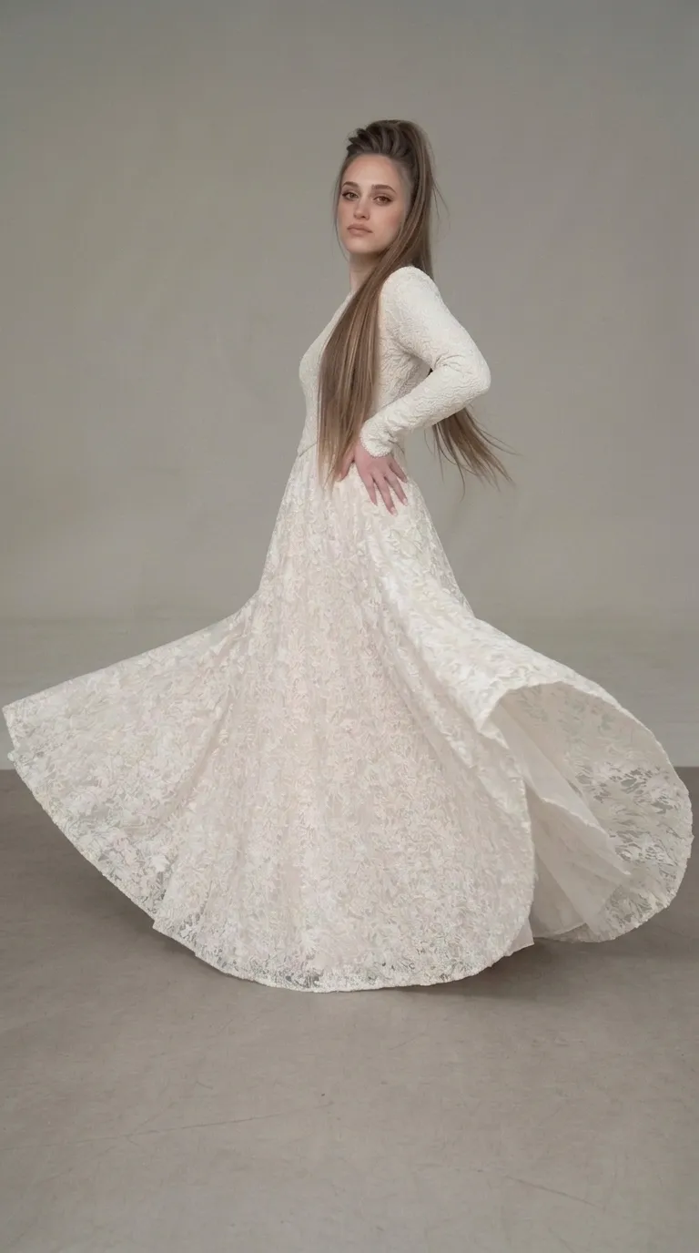 A classic modest wedding dress with an embellished pageant