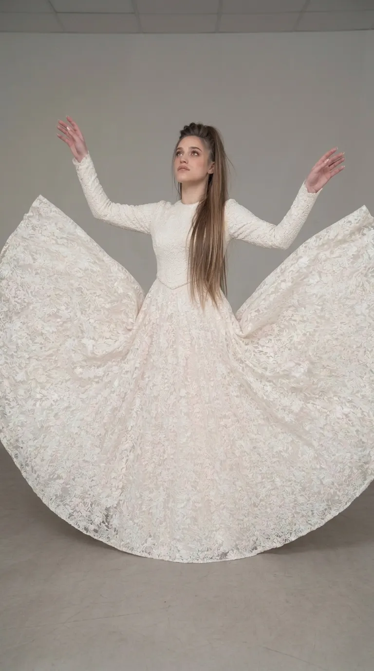 A classic modest wedding dress with an embellished pageant