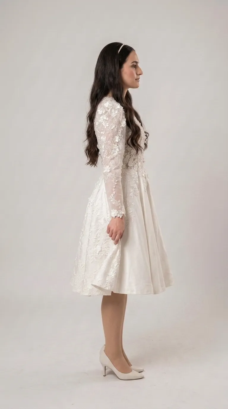 Modest three-quarter length wedding dress with lace
