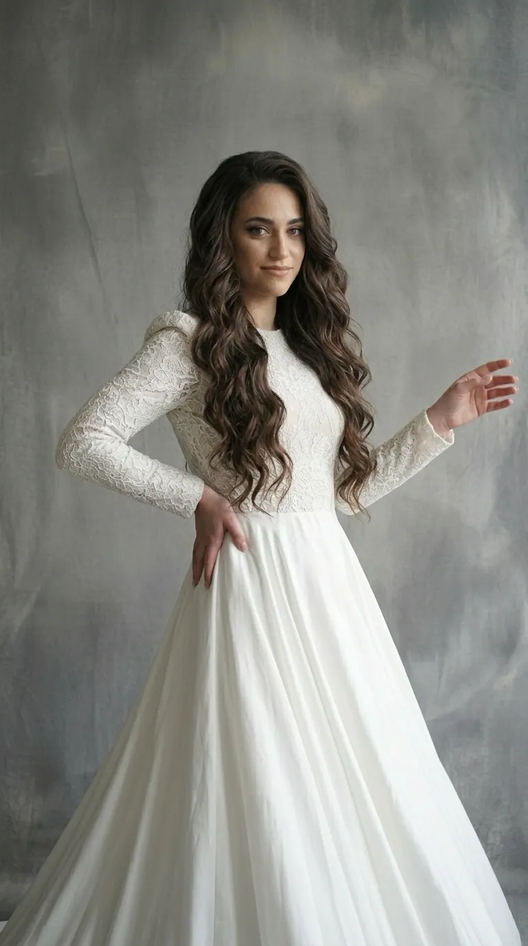A classic modest A-shape wedding dress with delicate ruffles