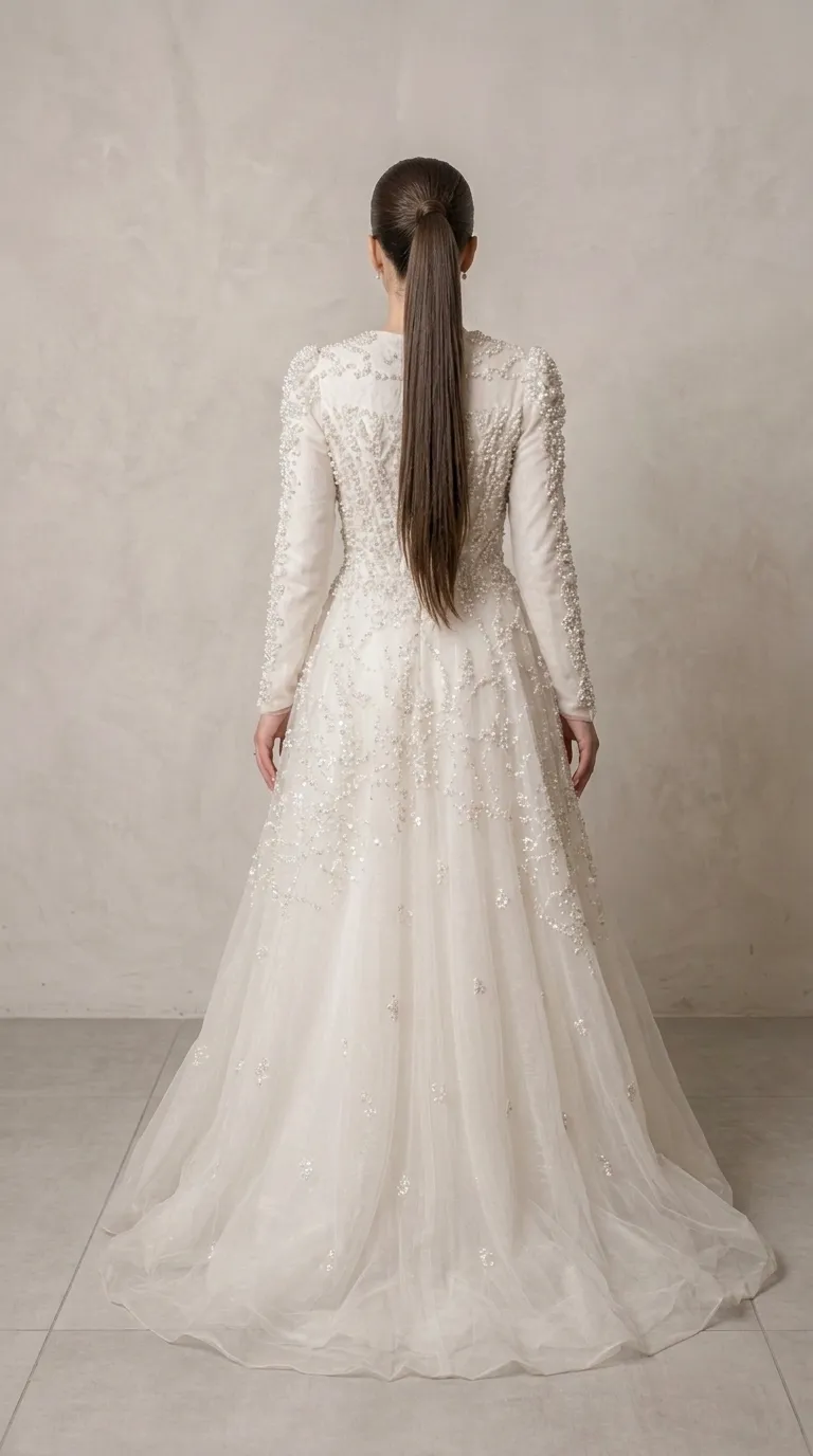 A modest wedding dress in a beaded and pageant style