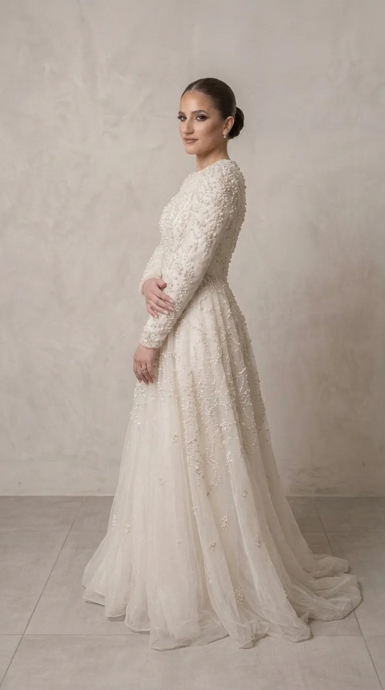 A modest wedding dress in a beaded and pageant style