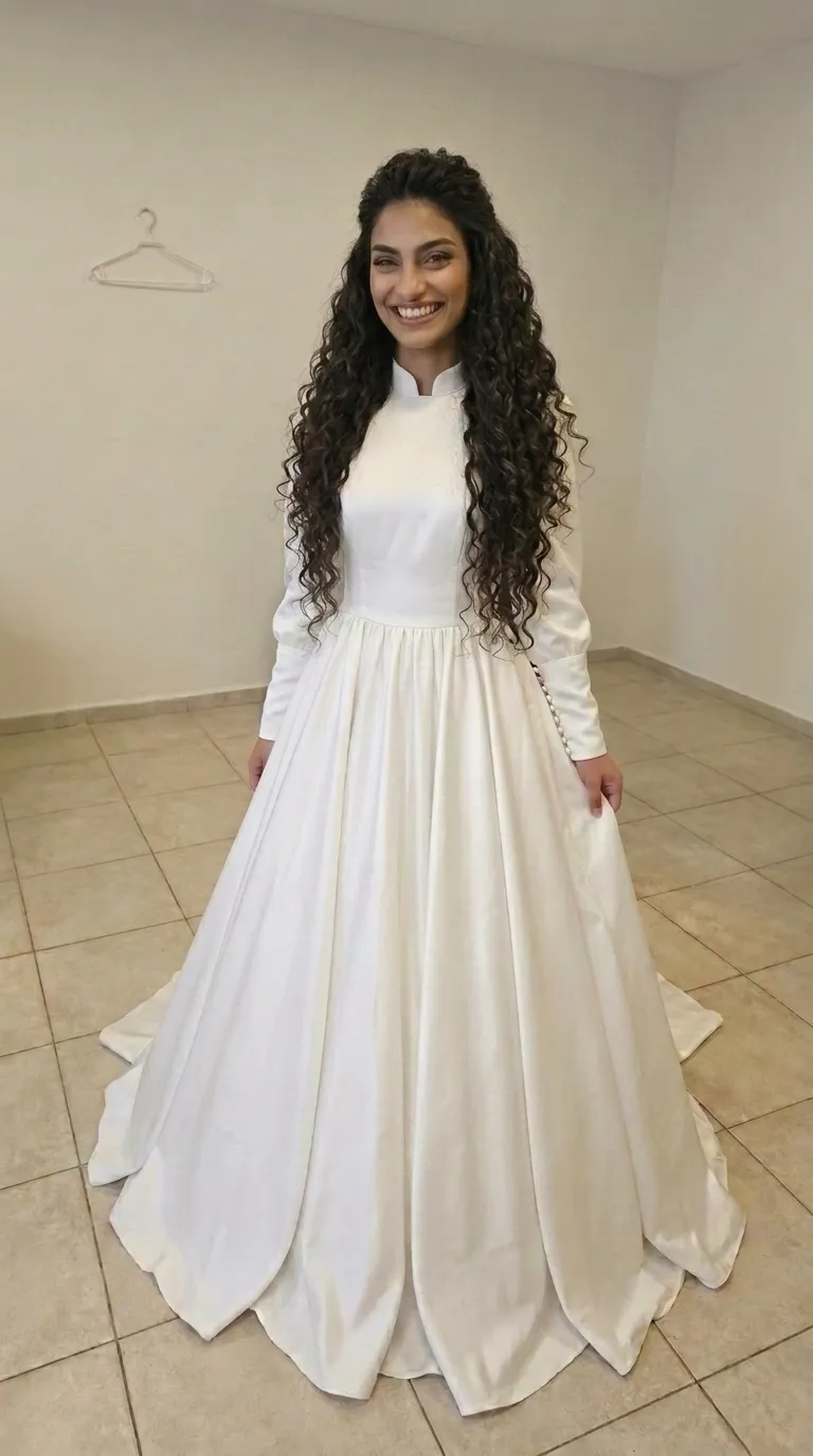 שמלת כלה לבנה מבד סאטן חלק בעלת צווארון סיני גבוה ושרוולים ארוכים המסתיימים בשורת כפתורים בפרקי הידיים. הגזרה כוללת חלק עליון צמוד וחצאית קפלים רחבה ונשפכת באורך מלא, במראה קלאסי ונקי ללא עיטורי תחרה או חרוזים.