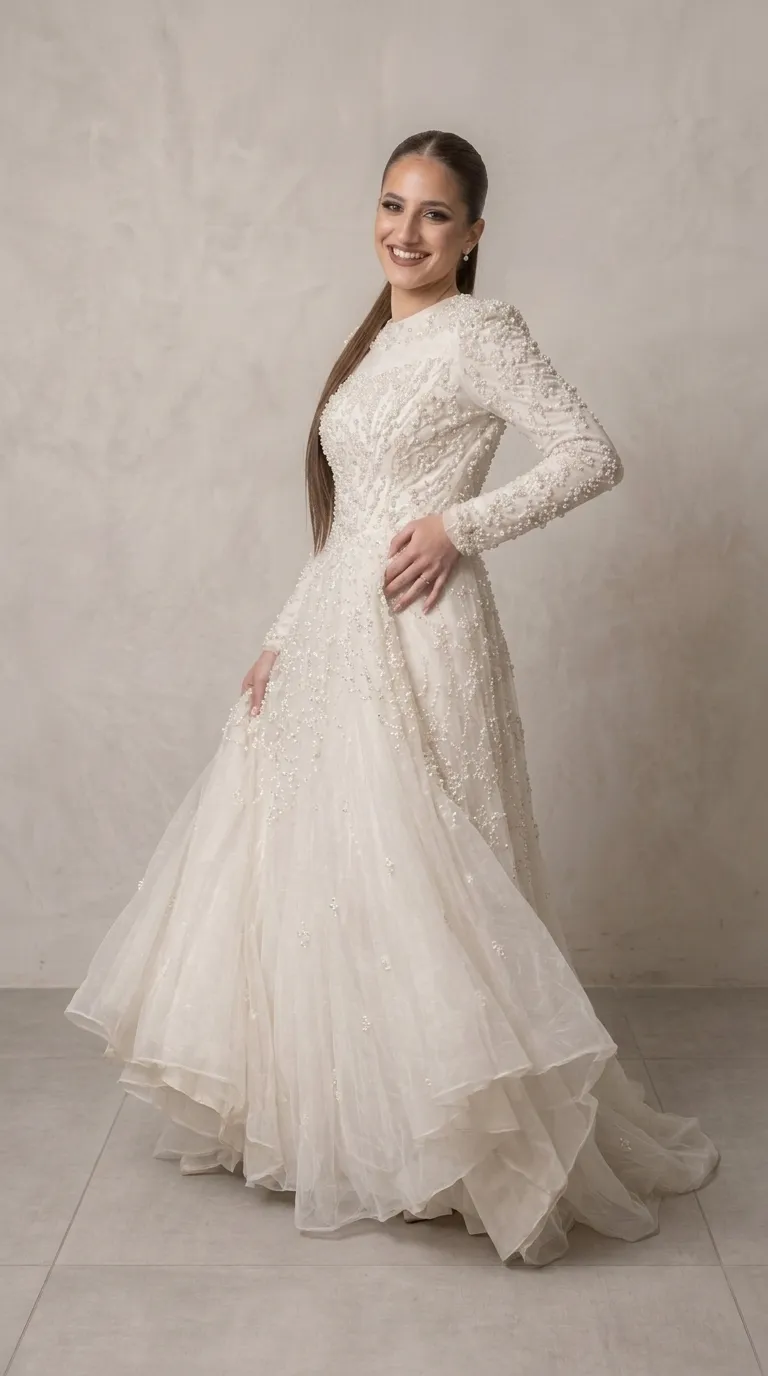 A modest wedding dress in a beaded and pageant style