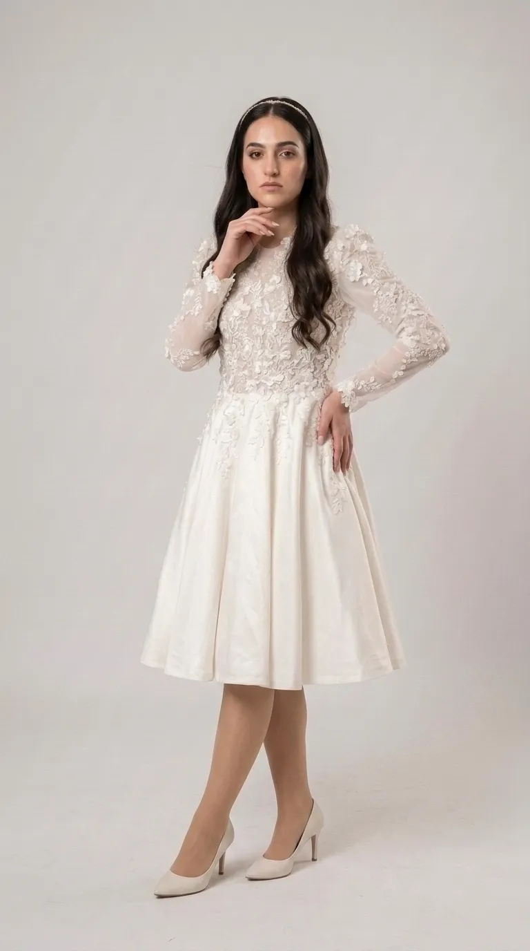 Modest three-quarter length wedding dress with lace
