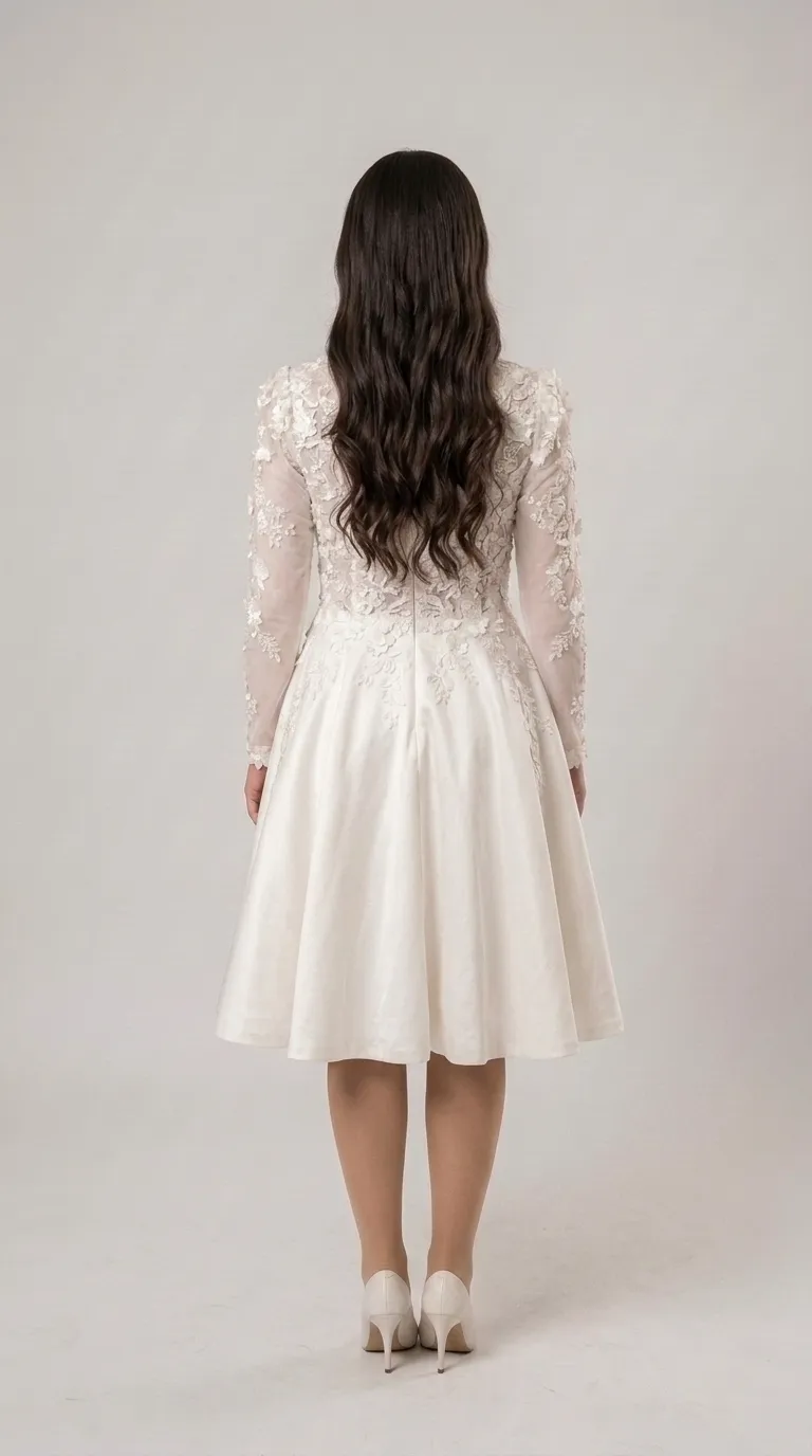 Modest three-quarter length wedding dress with lace