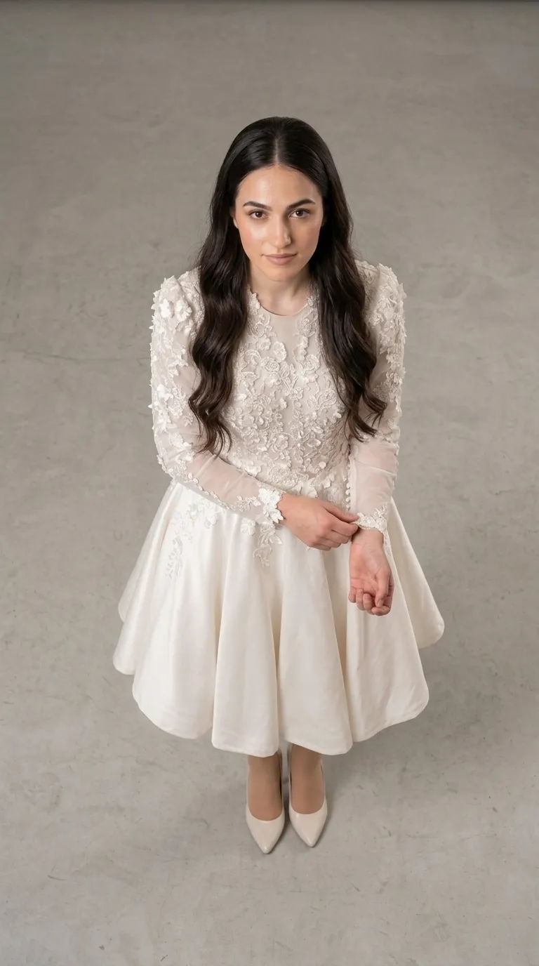 Modest three-quarter length wedding dress with lace