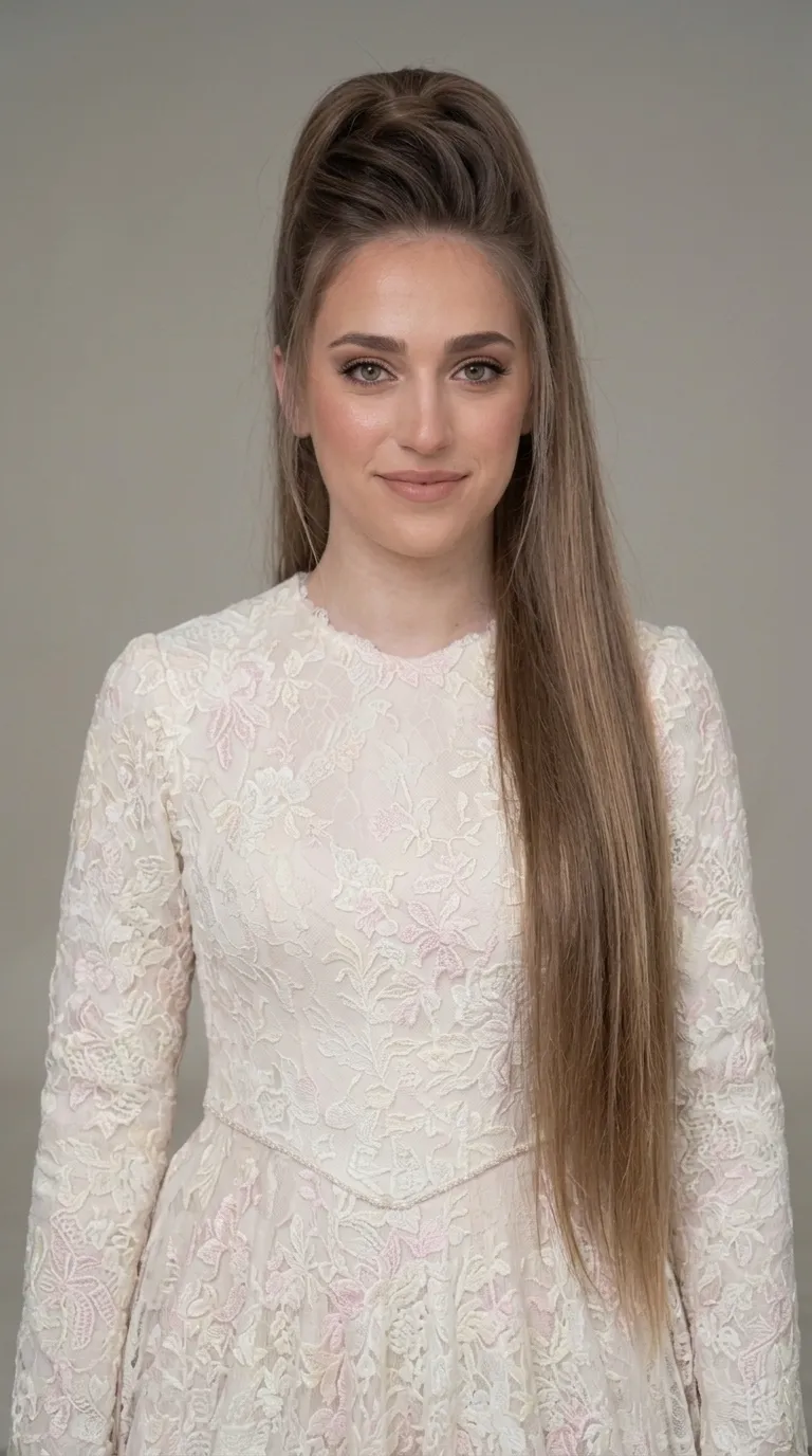 A classic modest wedding dress with an embellished pageant