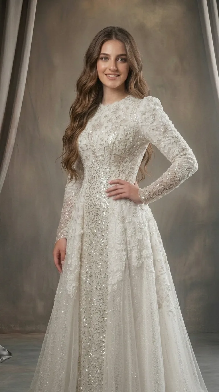 A luxurious wedding dress with long sleeves and a round, closed neckline, made of rich lace fabric combined with prominent floral appliqués and sparkling sequins. The lower part of the dress flares out in an A-line cut and includes layers of delicate tulle fabric with embroidery and beading along its length.