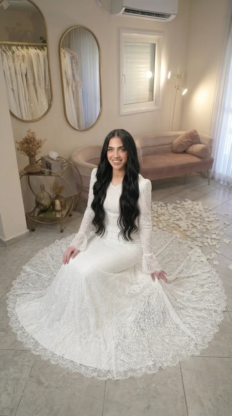 שמלת כלה צנוע בסגנון דג (בת ים) עם תחרה עדינה