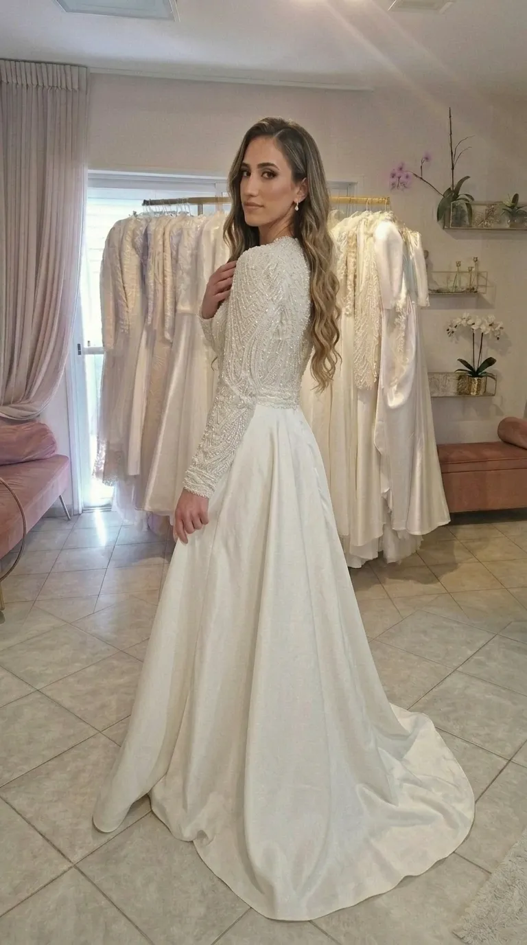 Modest wedding dress with beads and a pageant
