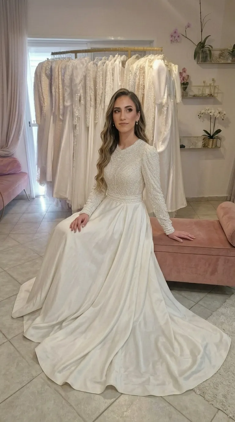Modest wedding dress with beads and a pageant