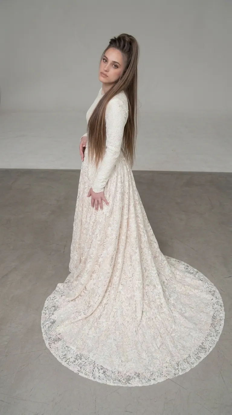 A classic modest wedding dress with an embellished pageant