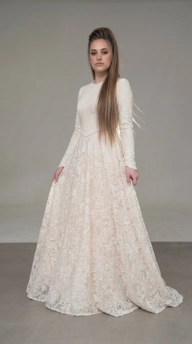 A classic modest wedding dress with an embellished pageant