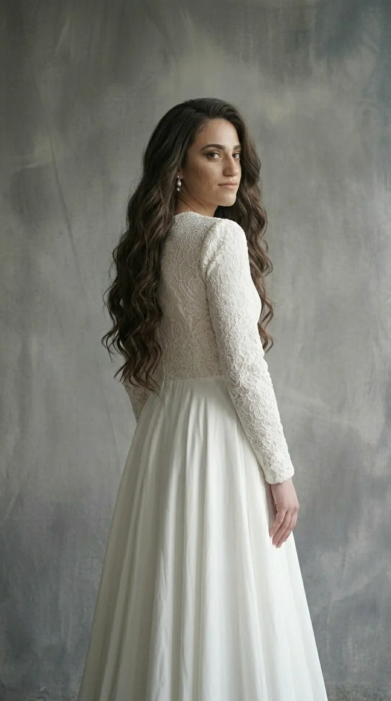 A classic modest A-shape wedding dress with delicate ruffles