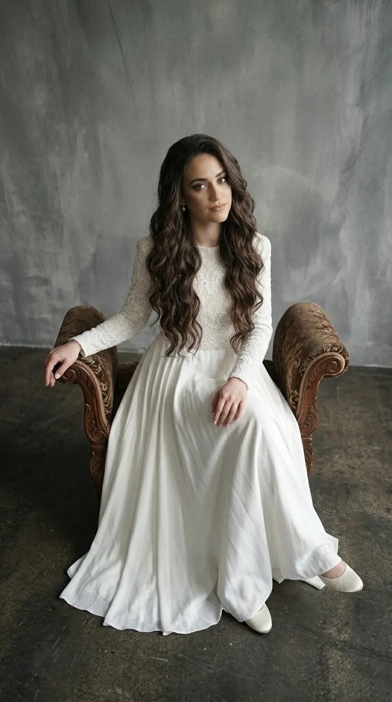 A classic modest A-shape wedding dress with delicate ruffles