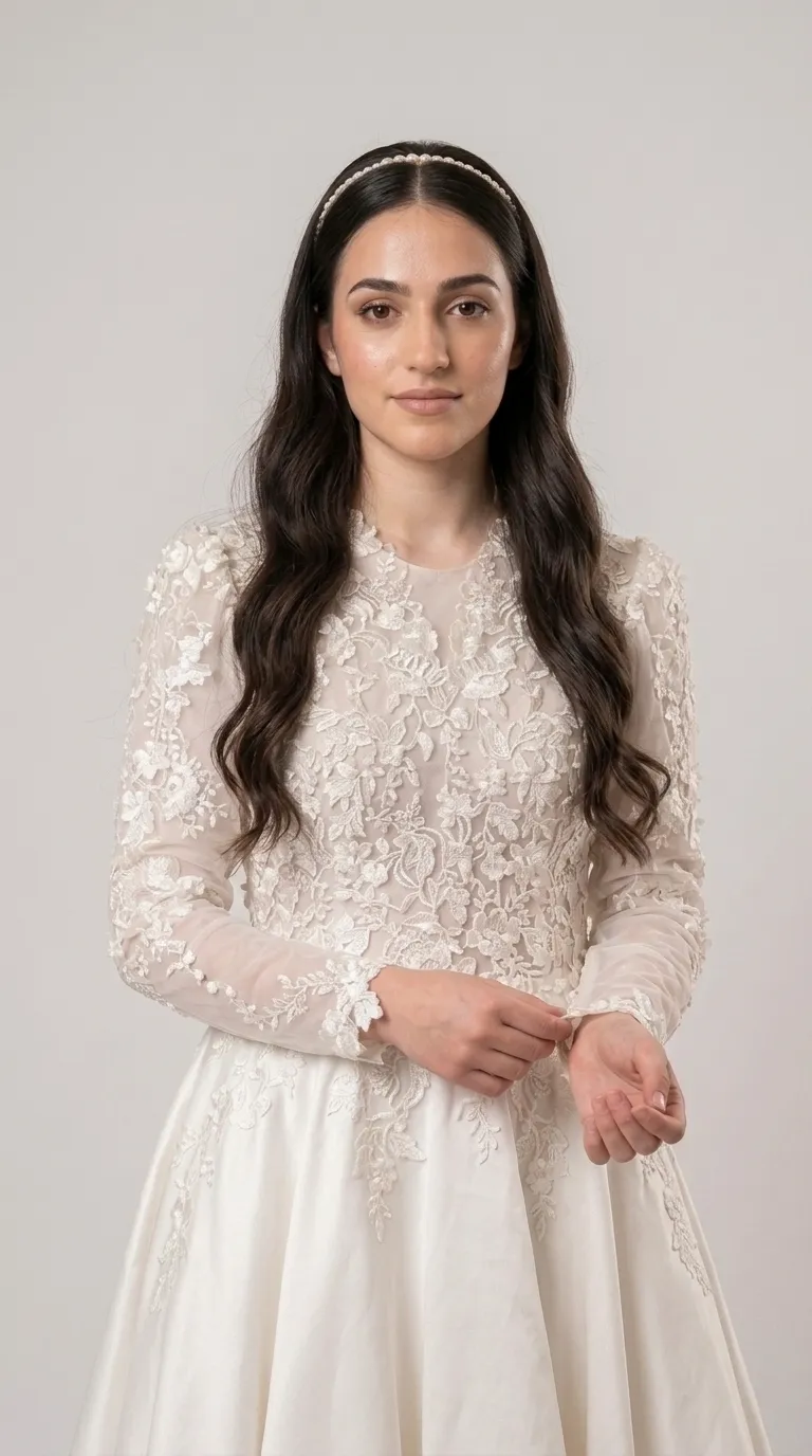 Modest three-quarter length wedding dress with lace