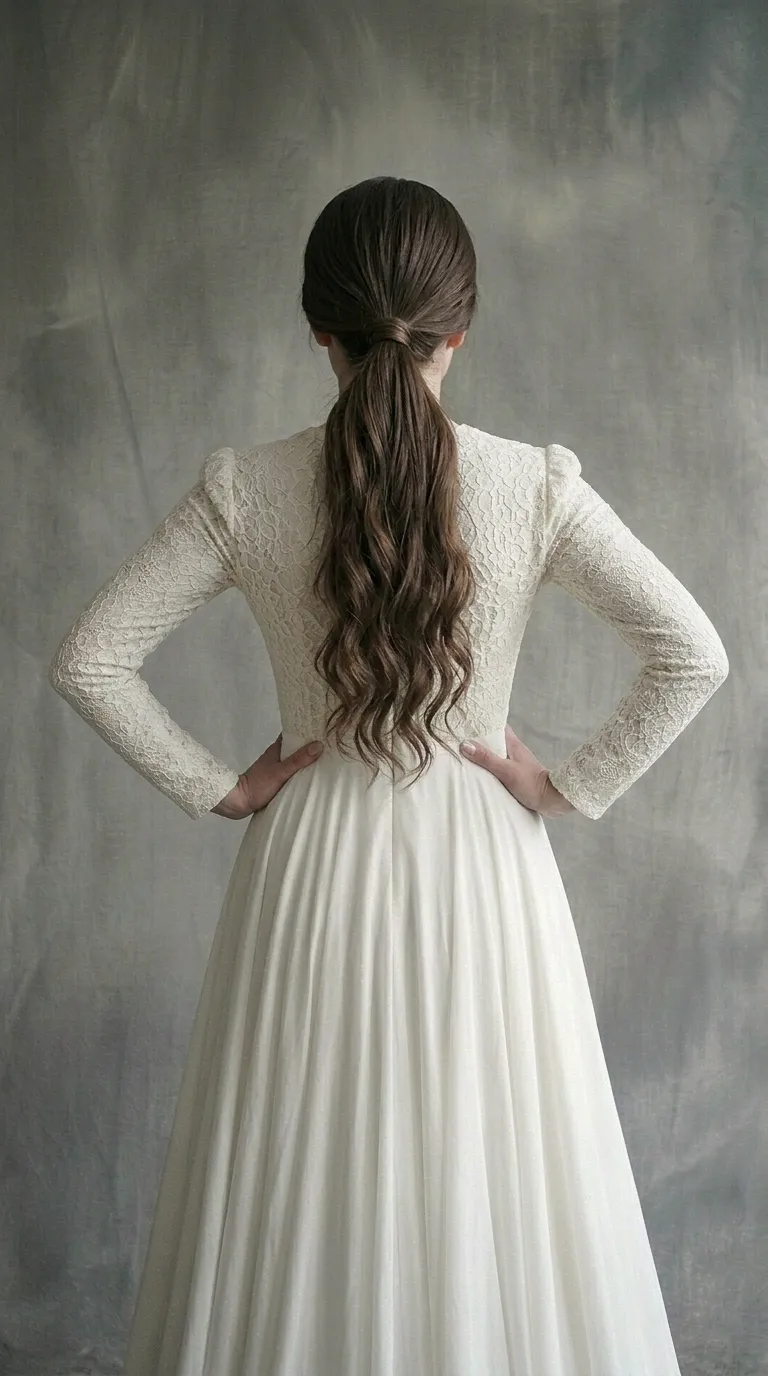 A classic modest A-shape wedding dress with delicate ruffles
