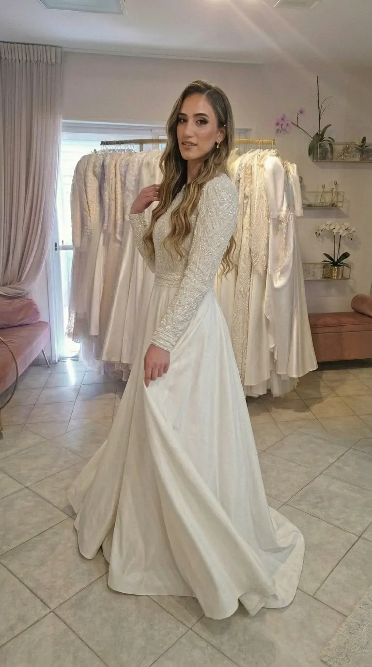 Modest wedding dress with beads and a pageant