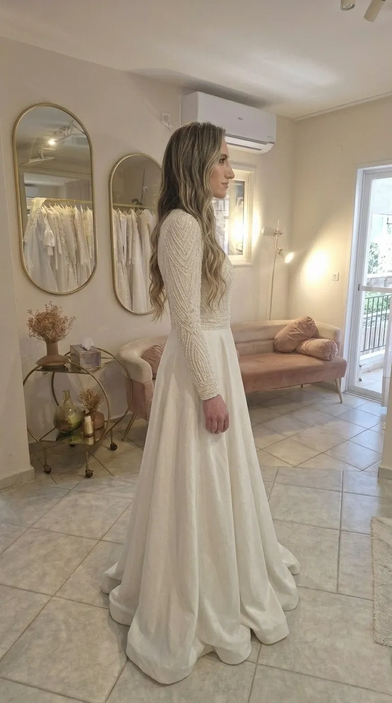 Modest wedding dress with beads and a pageant