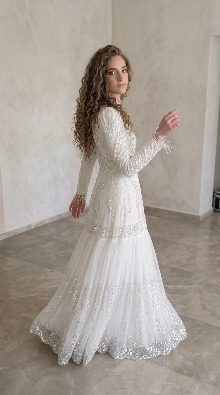 שמלת כלה צנוע עם תחרות בסטייל בוהו שיק