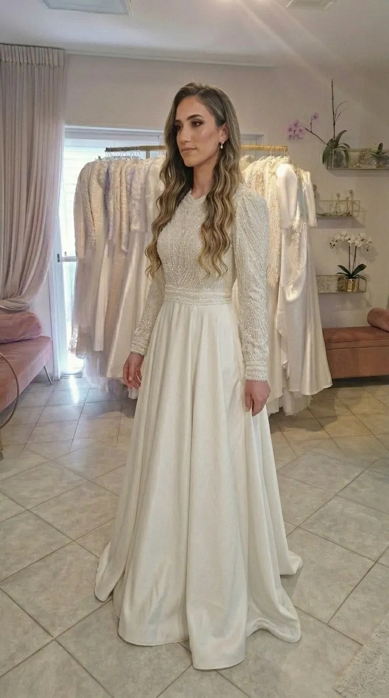 Modest wedding dress with beads and a pageant