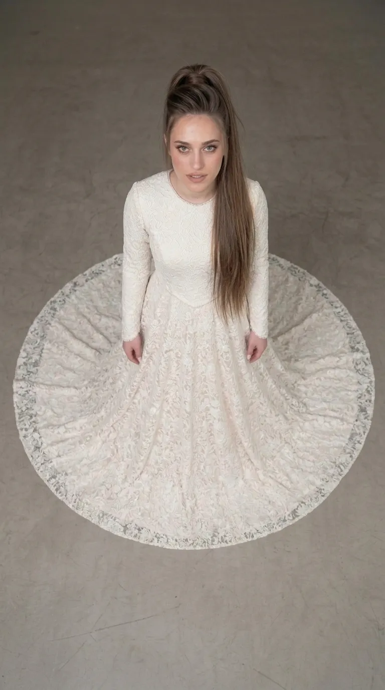 A classic modest wedding dress with an embellished pageant