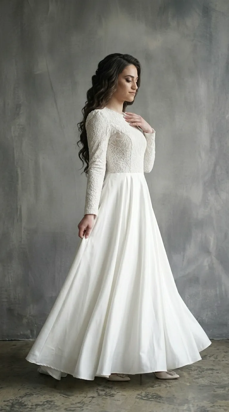 A classic modest A-shape wedding dress with delicate ruffles