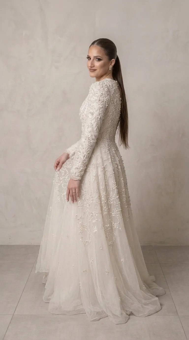 A modest wedding dress in a beaded and pageant style