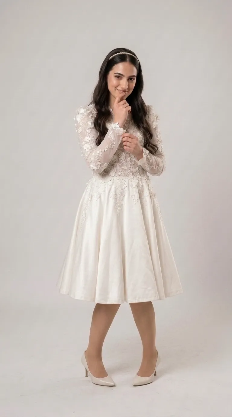 Modest three-quarter length wedding dress with lace