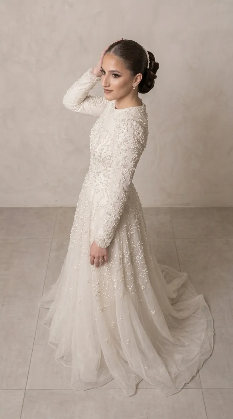A modest wedding dress in a beaded and pageant style